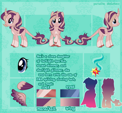 Size: 4000x3700 | Tagged: safe, artist:paradiseskeletons, oc, oc only, oc:shimmering spectacle, parent:starlight glimmer, parent:sunset shimmer, parent:twilight sparkle, parents:twishimmerglimmer, species:alicorn, species:pony, species:unicorn, alicorn oc, biography, cloven hooves, color palette, colored wings, colored wingtips, curved horn, cutie mark, eye, female, hair over one eye, height difference, horn, leonine tail, looking at you, magical lesbian spawn, magical threesome spawn, mare, multicolored wings, multiple parents, offspring, pale belly, reference sheet, simple background, socks (coat marking), solo, star (coat marking), transparent background, two toned wings, unshorn fetlocks, wings