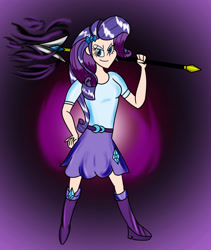 Size: 1700x2012 | Tagged: safe, artist:ajustice90, character:rarity, species:human, fanfic:chrono reflect, abstract background, chrono trigger, clothing, crossover, fanfic art, female, humanized, solo, spear, weapon