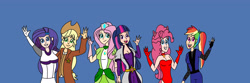 Size: 4688x1563 | Tagged: safe, artist:ajustice90, character:applejack, character:fluttershy, character:pinkie pie, character:rainbow dash, character:rarity, character:twilight sparkle, species:human, fanfic:code lyoko: eg, my little pony:equestria girls, clothing, code lyoko, crossover, fanfic art, human coloration, looking at you, simple background, waving