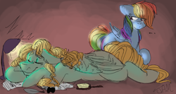 Size: 1560x828 | Tagged: safe, artist:ihasjessie-kat, character:rainbow dash, character:zephyr breeze, species:pegasus, species:pony, ..., eye clipping through hair, eyes closed, female, floppy ears, hairbrush, ink, lamp, loose hair, male, onomatopoeia, prone, quill pen, shipping, sleeping, sound effects, straight, zephdash, zephyrbetes, zzz