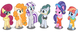Size: 3784x1544 | Tagged: safe, artist:kimmyartmlp, character:cloudy quartz, character:cookie crumbles, character:pear butter, character:posey shy, character:twilight velvet, character:windy whistles, species:pony, mom six, raised hoof