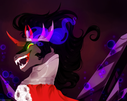 Size: 2503x1987 | Tagged: safe, artist:polkadot-creeper, character:king sombra, species:pony, species:unicorn, bust, curved horn, fangs, horn, male, smiling, solo, sombra eyes, stallion