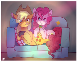 Size: 1280x1024 | Tagged: safe, artist:cckittycreative, character:applejack, character:pinkie pie, species:earth pony, species:pony, ship:applepie, commission, controller, couch, female, juice, juice box, lesbian, mare, night, playstation 2, shipping, tongue out, video game
