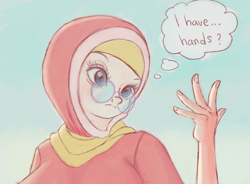 Size: 950x700 | Tagged: safe, artist:tehwatever, character:desert flower, species:human, bust, clothing, glasses, hand, hijab, humanized, scarf, simple background, sky, solo, somnambula resident