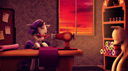 Size: 3200x1790 | Tagged: safe, artist:ghostlymarie, character:rarity, species:pony, 3d, fabric, female, glasses, mannequin, sewing, sewing machine, solo, source filmmaker, sunset, window