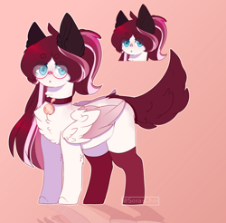 Size: 2000x1967 | Tagged: safe, artist:sora-choi, oc, oc only, oc:rosea locket, species:pegasus, species:pony, adopted oc, blue eyes, brown mane, clothing, collar, female, glasses, long hair, mare, multicolored hair, pink mane, reference sheet, socks, solo, white body