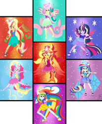 Size: 5159x6229 | Tagged: safe, artist:sparkling-sunset-s08, character:applejack, character:fluttershy, character:pinkie pie, character:rainbow dash, character:rarity, character:sunset shimmer, character:twilight sparkle, character:twilight sparkle (alicorn), species:alicorn, species:pony, my little pony:equestria girls, bracelet, clothing, colored wings, crown, cutie mark, cutie mark background, fiery wings, humane five, humane seven, humane six, jewelry, multicolored wings, phoenix wings, ponied up, pony ears, rainbow hair, rainbow power, rainbow power-ified, rainbow tail, rainbow wings, regalia, shoes, sunset phoenix, super ponied up, transformation, winged humanization, wings