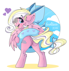 Size: 2000x2050 | Tagged: safe, artist:feekteev, oc, oc only, oc:bay breeze, species:pegasus, species:pony, blushing, bow, cute, ear fluff, female, hair bow, inner tube, looking at you, looking back, looking back at you, open mouth, simple background, tail bow, ych result