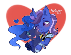 Size: 1500x1150 | Tagged: safe, artist:feekteev, character:princess luna, oc, oc:azure night, species:alicorn, species:pony, species:unicorn, gamer luna, azuna, blushing, canon x oc, chest fluff, colored pupils, controller, curved horn, female, heart, horn, male, mare, one eye closed, shipping, smiling, snuggling, stallion, straight, wink, ych result