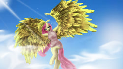 Size: 1600x900 | Tagged: safe, artist:zsnowfilez, character:fluttershy, species:anthro, species:unguligrade anthro, 3d, clothing, dress, female, solo, spread wings, wing arms, wings