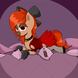 Size: 5000x5000 | Tagged: safe, artist:waffletheheadmare, oc, oc only, oc:whiskey river, species:pony, alcohol, bed, clothing, dress, eyelashes, eyeshadows, half-closed eyes, jewelry, looking at you, makeup, necklace, pillow, redhead, shoes, simple shading, smiling, socks, stockings, thigh highs, whiskey