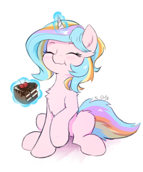 Size: 1783x2157 | Tagged: safe, artist:draconidsmxz, oc, oc only, oc:oofy colorful, species:pony, species:unicorn, blushing, cake, chest fluff, chocolate cake, eating, eyes closed, female, food, magic, mare, simple background, sitting, sketch, solo, telekinesis, white background