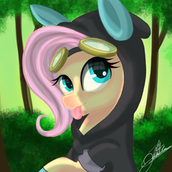 Size: 2048x2048 | Tagged: safe, artist:sweetkllrvane, character:fluttershy, species:pegasus, species:pony, blep, bunny ears, bust, clothing, costume, cute, dangerous mission outfit, female, forest, forest background, goggles, hoodie, looking at you, looking sideways, mare, outdoors, portrait, shyabetes, signature, solo, three quarter view, tongue out