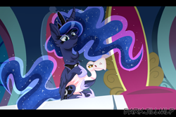 Size: 3000x2000 | Tagged: safe, artist:darkjillmlp123, character:princess luna, species:alicorn, species:pony, episode:sparkle's seven, g4, my little pony: friendship is magic, animal, cheek fluff, chest fluff, female, folded wings, goose, indoors, intimidating, luna petting goose, mare, petting, scene interpretation, sitting, solo, three quarter view, throne, throne room, wings