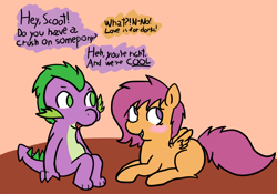 Size: 808x565 | Tagged: safe, artist:raincupcake, character:scootaloo, character:spike, ship:scootaspike, female, male, shipping, straight