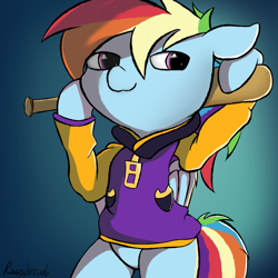 Size: 5000x5000 | Tagged: safe, artist:rainyvisualz, character:rainbow dash, species:pegasus, species:pony, :3, a hat in time, baseball bat, bipedal, bottomless, clothing, crotch, featureless crotch, female, gradient background, jacket, mare, partial nudity, smug, solo