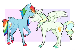 Size: 1500x1000 | Tagged: safe, artist:malphym, character:rainbow dash, character:vapor trail, species:pegasus, species:pony, g4, abstract background, colored hooves, eyes closed, female, floppy ears, forehead kiss, kissing, lesbian, mare, raised hoof, request, shipping, smiling, spread wings, vapordash, wings