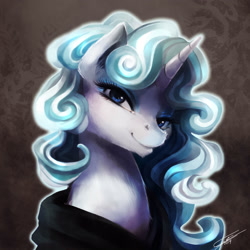Size: 3000x3000 | Tagged: safe, artist:yummiestseven65, character:rarity, species:pony, species:unicorn, episode:it isn't the mane thing about you, g4, my little pony: friendship is magic, bust, chest fluff, clothing, cloud mane, cute, ear fluff, female, high res, lidded eyes, mare, portrait, raribetes, signature, smiling, solo