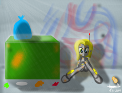 Size: 2048x1556 | Tagged: safe, artist:wvdr220dr, oc, my little pony:equestria girls, abandoned, backstreet, feelings, female, green eyes, imfomaz os, lonely, robot, sadness, solo, trash, yellow hair