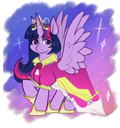 Size: 1515x1616 | Tagged: safe, artist:incapacitatedvixen, character:twilight sparkle, character:twilight sparkle (alicorn), species:alicorn, species:pony, episode:princess twilight sparkle, g4, my little pony: friendship is magic, big crown thingy, clothing, coronation dress, dress, dressup, female, hoof shoes, jewelry, looking at you, mare, regalia, simple background, smiling, solo, transparent background