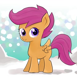 Size: 1000x1000 | Tagged: safe, artist:bojack_mlplove, character:scootaloo, species:pegasus, species:pony, blank flank, female, filly, looking at you, snow, solo