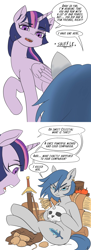 Size: 1280x3526 | Tagged: safe, artist:mod-of-chaos, character:twilight sparkle, character:twilight sparkle (alicorn), oc, oc:naked steel, oc:torch light, species:alicorn, species:earth pony, species:pony, species:unicorn, apple, comic, dialogue, duo, ear piercing, earring, female, food, hay, jewelry, mare, piercing, potato, simple background, skull, speech bubble, sword, warhammer (game), warhammer fantasy, weapon, wheat, white background