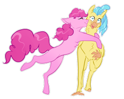 Size: 1000x800 | Tagged: safe, artist:malphym, character:pinkie pie, character:princess skystar, species:earth pony, species:hippogriff, species:pony, ship:skypie, my little pony: the movie (2017), blushing, chest fluff, eyes closed, female, floppy ears, heart eyes, hug, kiss on the cheek, kissing, lesbian, mare, missing cutie mark, open mouth, request, shipping, simple background, transparent background, wingding eyes