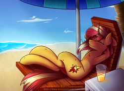 Size: 2000x1462 | Tagged: safe, artist:quefortia, character:sunset shimmer, species:pony, species:unicorn, beach, drink, eyes closed, female, glass, hooves behind head, lying down, mare, relaxing, resting, smiling, solo, umbrella
