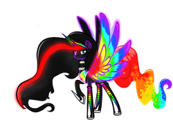 Size: 1100x850 | Tagged: safe, artist:russiankolz, oc, oc only, oc:princess neon boom, species:alicorn, species:pony, alicorn oc, colored horn, colored wings, ethereal mane, heterochromia, multicolored wings, neon, neon pony, original species, rainbow tail, rainbow wings, raised hoof, solo, spread wings, wings