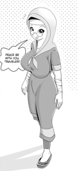 Size: 1275x2792 | Tagged: safe, artist:tehwatever, character:desert flower, species:human, arm wraps, big breasts, breasts, busty desert flower, clip studio paint, digital art, glasses, grayscale, hijab, humanized, looking at you, monochrome, sandals, simple background, somnambula resident
