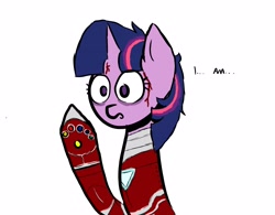 Size: 2865x2234 | Tagged: safe, artist:waffletheheadmare, character:twilight sparkle, species:pony, species:unicorn, spoilers for another series, and i am iron man, avengers: endgame, blood, endgame, endgame spoilers, eyelashes, horn, imminent death, infinity stones, iron man, iron mare, marvel, purple coat, purple mane, raised hoof, simple background, text