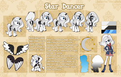 Size: 5778x3700 | Tagged: safe, artist:paradiseskeletons, oc, oc only, oc:star dancer, species:alicorn, species:pony, species:unicorn, alicornified, dungeons and dragons, equestria girls oc, pen and paper rpg, piebald, piebald colouring, ponyfinder, race swap, reference, reference sheet, rpg, tabletop gaming, unicorn oc, wings