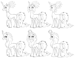 Size: 2750x2160 | Tagged: safe, artist:heilos, character:tree of harmony, oc, oc only, oc:harmony (heilos), species:classical unicorn, species:pony, species:unicorn, alternate design, black and white, cloven hooves, female, flower, flower in hair, grayscale, leonine tail, lineart, mare, monochrome, ponified, raised hoof, simple background, sketch, smiling, solo, tree of harmony, unshorn fetlocks, white background