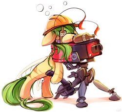 Size: 2390x2185 | Tagged: safe, artist:kaleido-art, oc, oc only, oc:honeydew, species:breezies, species:earth pony, species:pony, alcohol, drunk, drunk bubbles, gift art, hard hat, hat, sentry gun, simple background, solo, team fortress 2, white background