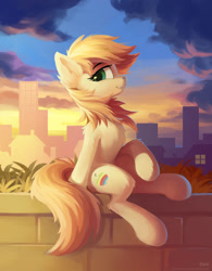 Size: 1024x1316 | Tagged: safe, artist:draconidsmxz, oc, oc only, species:earth pony, species:pony, apple, brick wall, chest fluff, city, female, fluffy, food, looking at you, mare, sitting, smiling, solo, zap apple