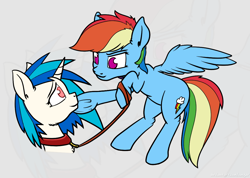 Size: 1040x740 | Tagged: safe, artist:umgaris, character:dj pon-3, character:rainbow dash, character:vinyl scratch, species:pegasus, species:pony, species:unicorn, collar, female, femdom, femsub, flying, frog (hoof), lesbian, looking up, pet play, submissive, underhoof, wrong eye color, zoom layer