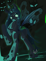 Size: 1280x1700 | Tagged: safe, artist:penpale-heart, character:queen chrysalis, species:changeling, changeling hive, changeling queen, crown, female, jewelry, regalia, signature, solo