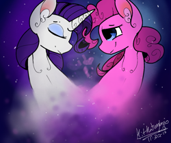 Size: 959x800 | Tagged: safe, artist:penpale-heart, character:pinkie pie, character:rarity, species:earth pony, species:pony, species:unicorn, ship:raripie, abstract background, bust, ear fluff, eyes closed, female, lesbian, mare, shipping, smiling, stars