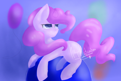 Size: 1190x800 | Tagged: safe, artist:penpale-heart, character:pinkie pie, species:earth pony, species:pony, balloon, female, floating, lidded eyes, mare, missing cutie mark, smiling, solo, then watch her balloons lift her up to the sky
