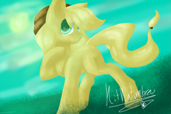 Size: 1201x800 | Tagged: safe, artist:penpale-heart, character:applejack, species:earth pony, species:pony, eye reflection, female, head turn, hoof on chest, mare, missing cutie mark, raised hoof, reflection, smiling, solo, standing, three quarter view, windswept tail