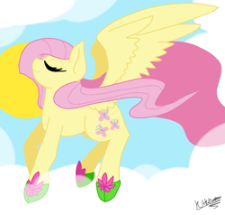 Size: 857x816 | Tagged: safe, artist:penpale-heart, character:fluttershy, species:pony, clothing, cloud, eyes closed, female, flying, mare, slippers, smiling, solo, sun, windswept mane