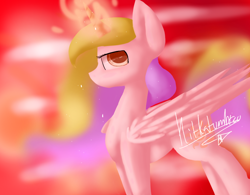 Size: 1024x800 | Tagged: safe, artist:penpale-heart, character:princess celestia, species:alicorn, species:pony, ethereal mane, eye reflection, female, galaxy mane, glowing horn, horn, lidded eyes, looking at you, mare, missing accessory, profile, red sky, reflection, solo