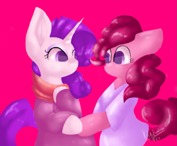 Size: 967x800 | Tagged: safe, artist:penpale-heart, character:pinkie pie, character:rarity, species:earth pony, species:pony, species:unicorn, ship:raripie, big ears, bipedal, clothing, dress, female, floppy ears, hoof hold, hooves to the chest, lesbian, looking at each other, mare, pink background, scarf, semi-anthro, shipping, simple background