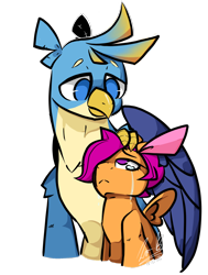 Size: 1280x1694 | Tagged: safe, artist:penpale-heart, character:gallus, character:scootaloo, species:griffon, species:pegasus, species:pony, covering, crying, duo, female, filly, friendshipping, frown, hair over one eye, looking at each other, male, one wing out, simple background, transparent background, wing covering