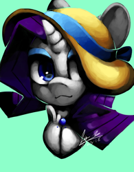 Size: 1280x1643 | Tagged: safe, artist:penpale-heart, character:rarity, species:pony, species:unicorn, bust, clothing, eyeshadow, female, hat, hat over eyes, makeup, mare, simple background, solo