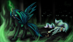 Size: 1600x934 | Tagged: safe, artist:hirurux, character:princess celestia, character:queen chrysalis, species:alicorn, species:changeling, species:pony, changeling queen, crown, defeated, female, fire, glowing horn, green fire, horn, jewelry, mare, open mouth, regalia