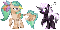 Size: 1391x703 | Tagged: safe, artist:angelofthewisp, artist:ponybasesrus, oc, oc only, oc:feather frolic, oc:moony moody, species:earth pony, species:pegasus, species:pony, augmented tail, bedroom eyes, brush, choker, claw, coat markings, ear piercing, earring, exclamation point, feather, female, interrobang, jewelry, lip piercing, mare, markings, mouth hold, original species, piercing, ponytail, question mark, raised hoof, simple background, transparent background, unshorn fetlocks