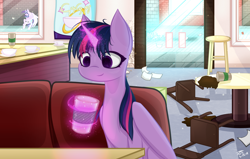 Size: 7846x5000 | Tagged: safe, artist:those kids in the corner, character:starlight glimmer, character:twilight sparkle, character:twilight sparkle (alicorn), species:alicorn, species:pony, absurd resolution, alicornified, blast, booth, brick wall, chair, chaos, coffee, coffee shop, duo, female, fight, glowing horn, horn, levitation, magic, magic blast, mare, offscreen character, paper, race swap, smiling, spilled drink, starlicorn, stool, table, telekinesis, wallpaper, wings, xk-class end-of-the-world scenario