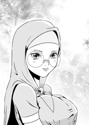 Size: 842x1191 | Tagged: safe, artist:tehwatever, character:desert flower, species:human, arm boob squeeze, big breasts, breasts, bust, busty desert flower, clip studio paint, digital art, female, glasses, grayscale, hijab, humanized, looking at you, manga style, monochrome, smiling, solo, somnambula resident