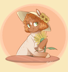 Size: 773x813 | Tagged: safe, artist:frowoppy, oc, oc only, species:earth pony, species:pony, clothing, female, flower, hat, mare, solo, sunflower